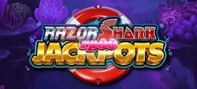 Tampilan visual bawah air dari slot Razor Shark Jackpots dengan hiu dan simbol misteri.